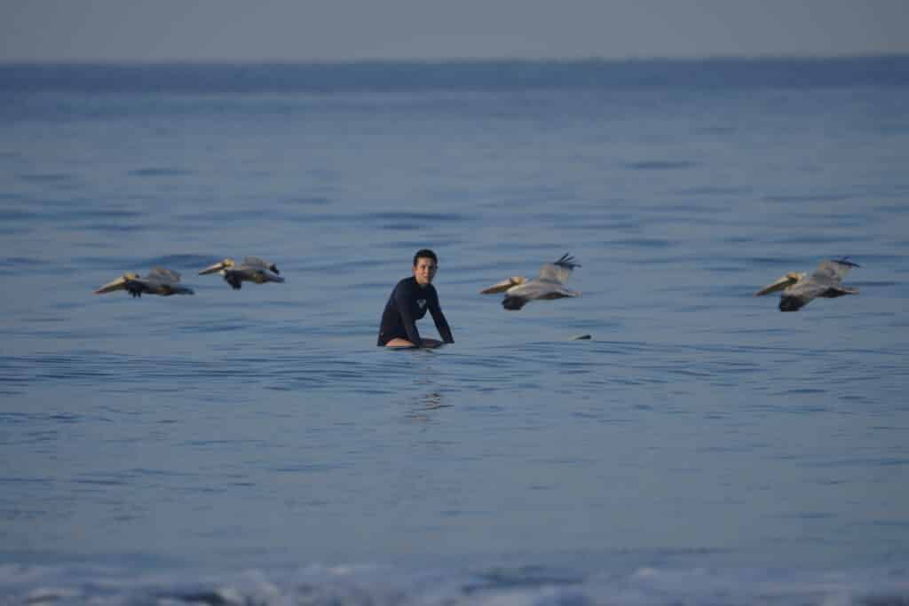 Girl sitting in the ocean with pelicans flying by